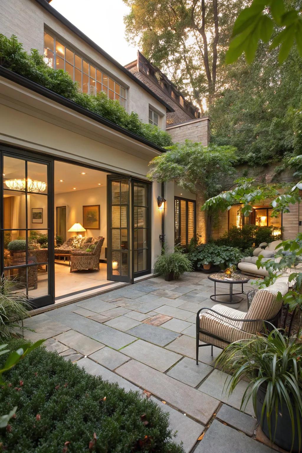 Indoor and outdoor spaces blend seamlessly in this courtyard patio.