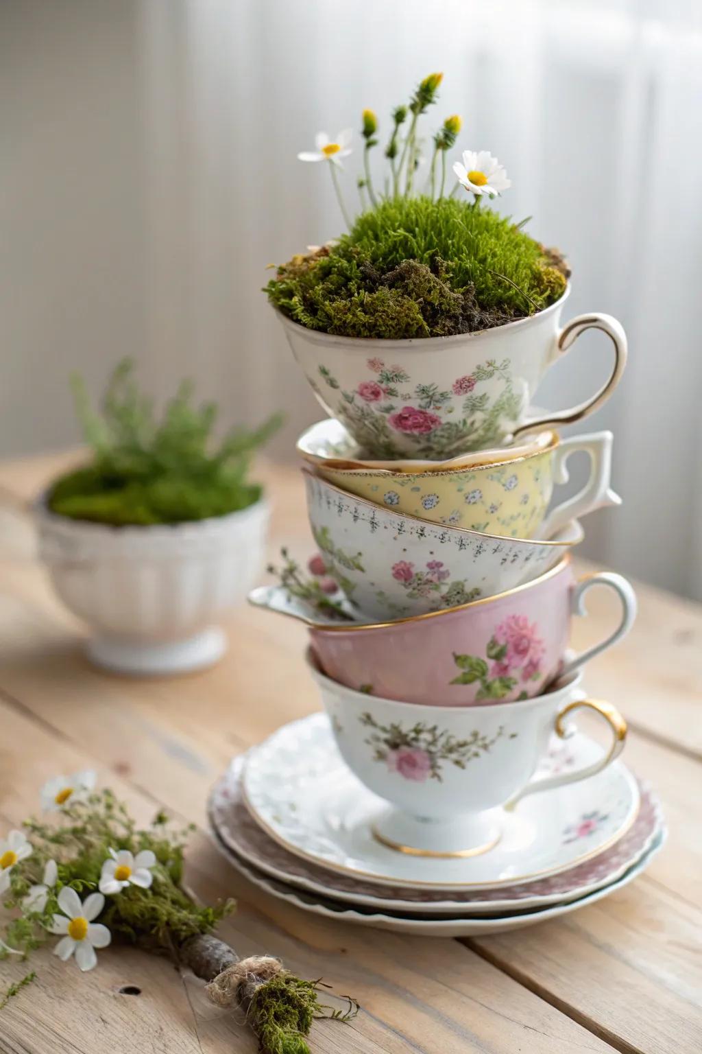 Elevate your tea party decor with charming vintage tea cup stacks, blending simplicity with a touch of boho elegance.