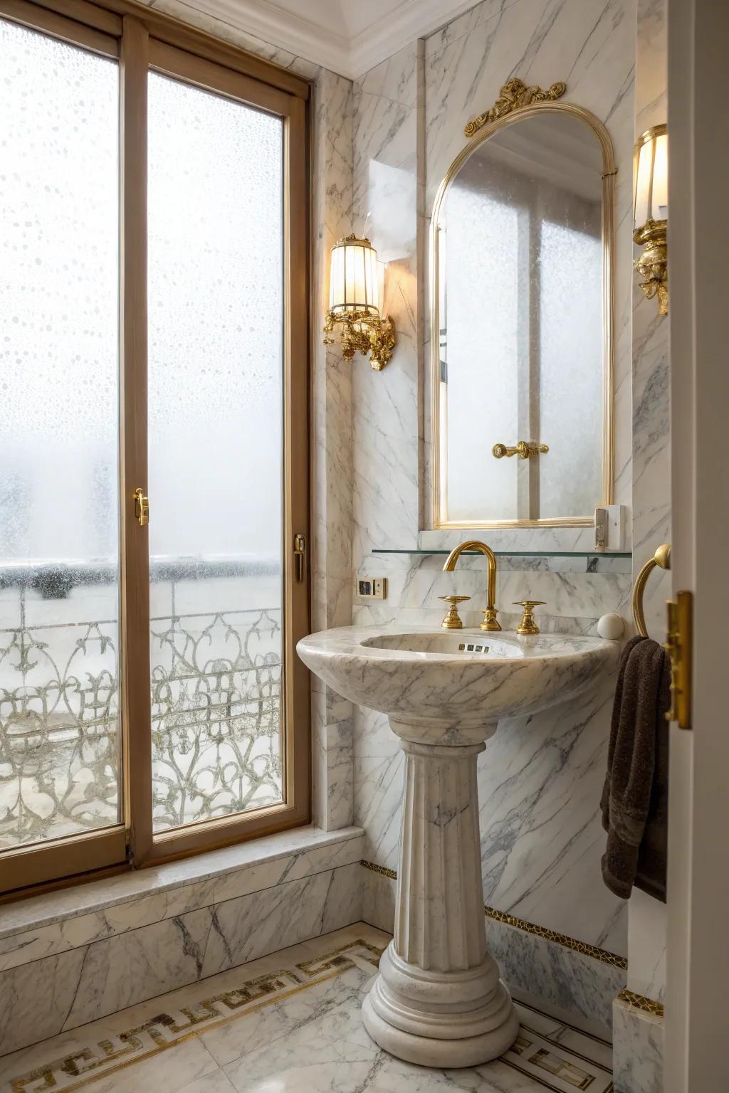 Elegant bathroom with a luxurious marble pedestal sink.