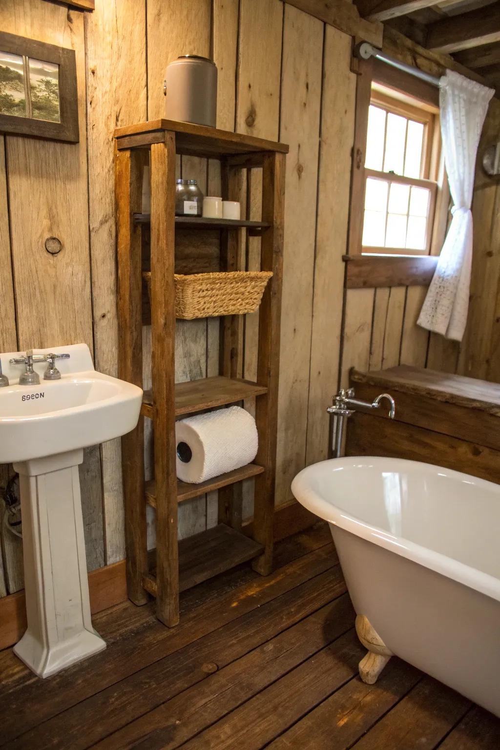 A rustic wooden shelf adds charm and practicality to any bathroom.