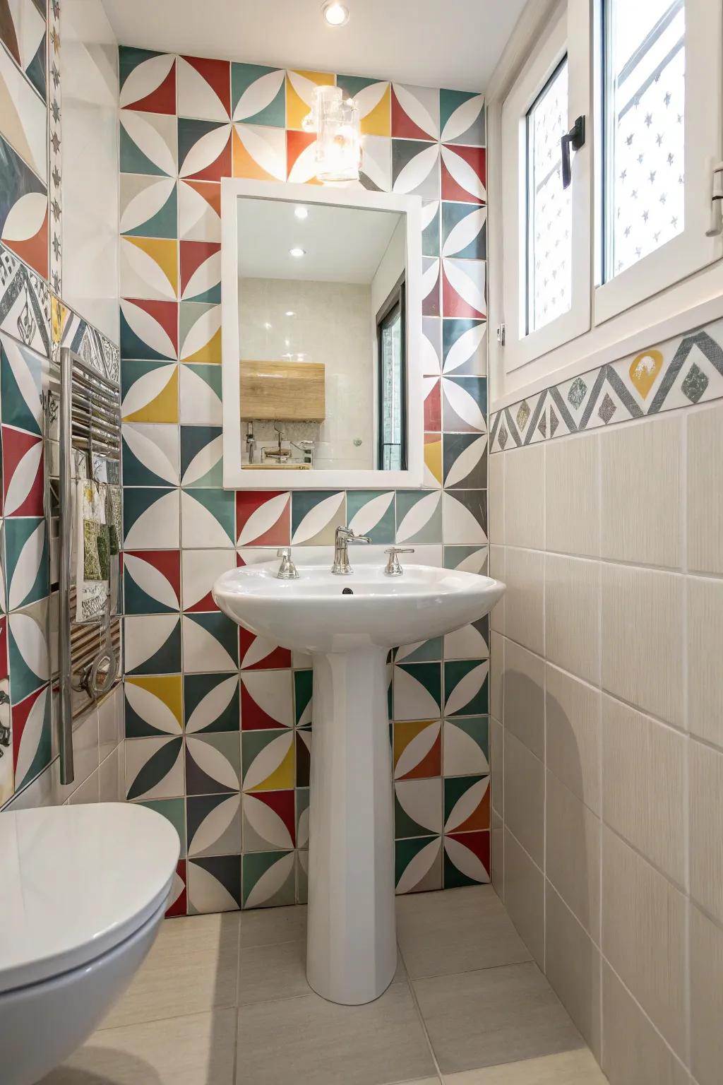 Inviting bathroom with geometric tile designs.
