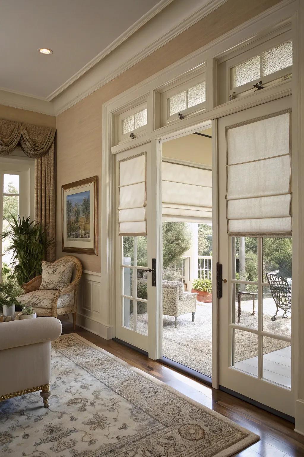 Roman shades offering a tailored elegance to French doors in a chic living space.