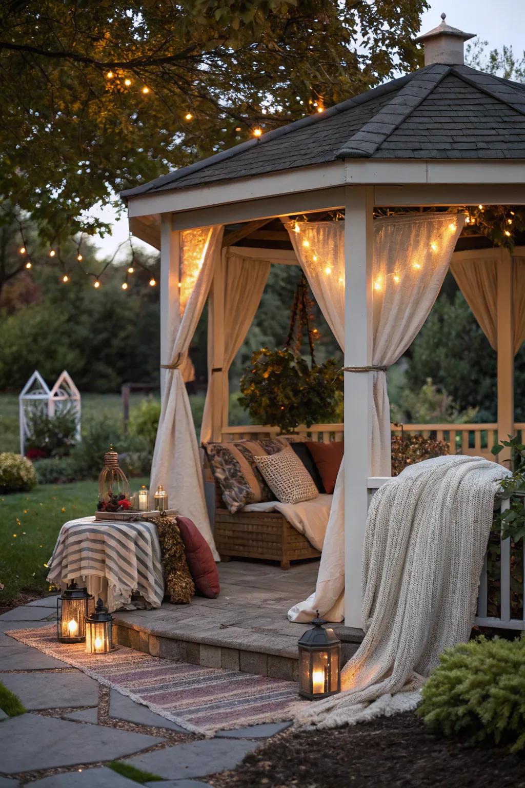 Textiles add warmth and comfort to this inviting gazebo.