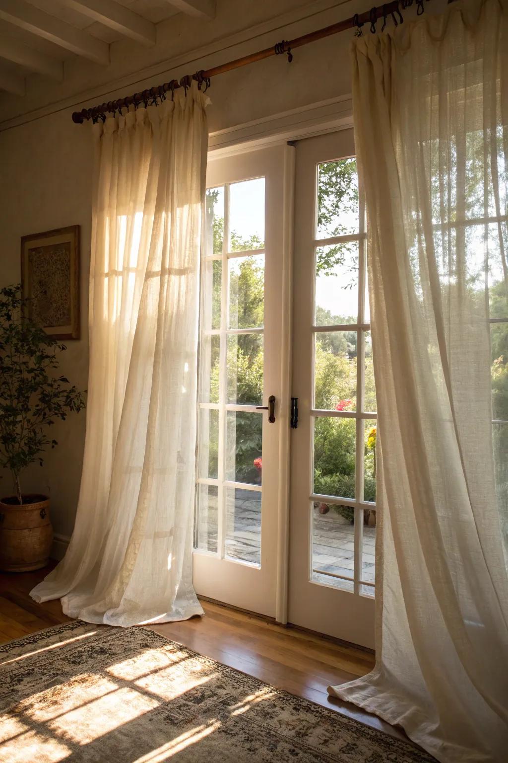 Sheer linen curtains gracefully framing French doors, adding a romantic touch.