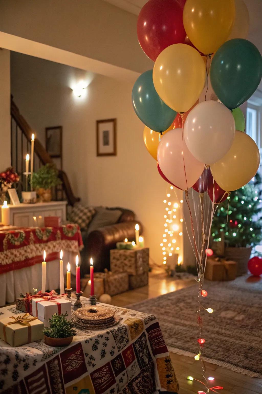 Festive arrangement of balloons and candles.