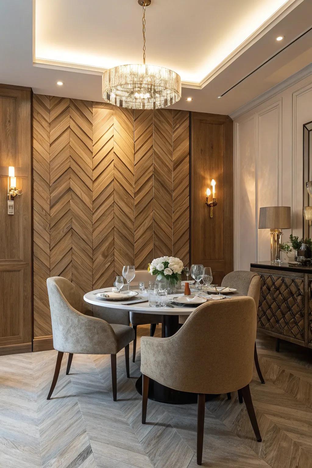 A herringbone wood panel accent wall adds elegance to this dining room.
