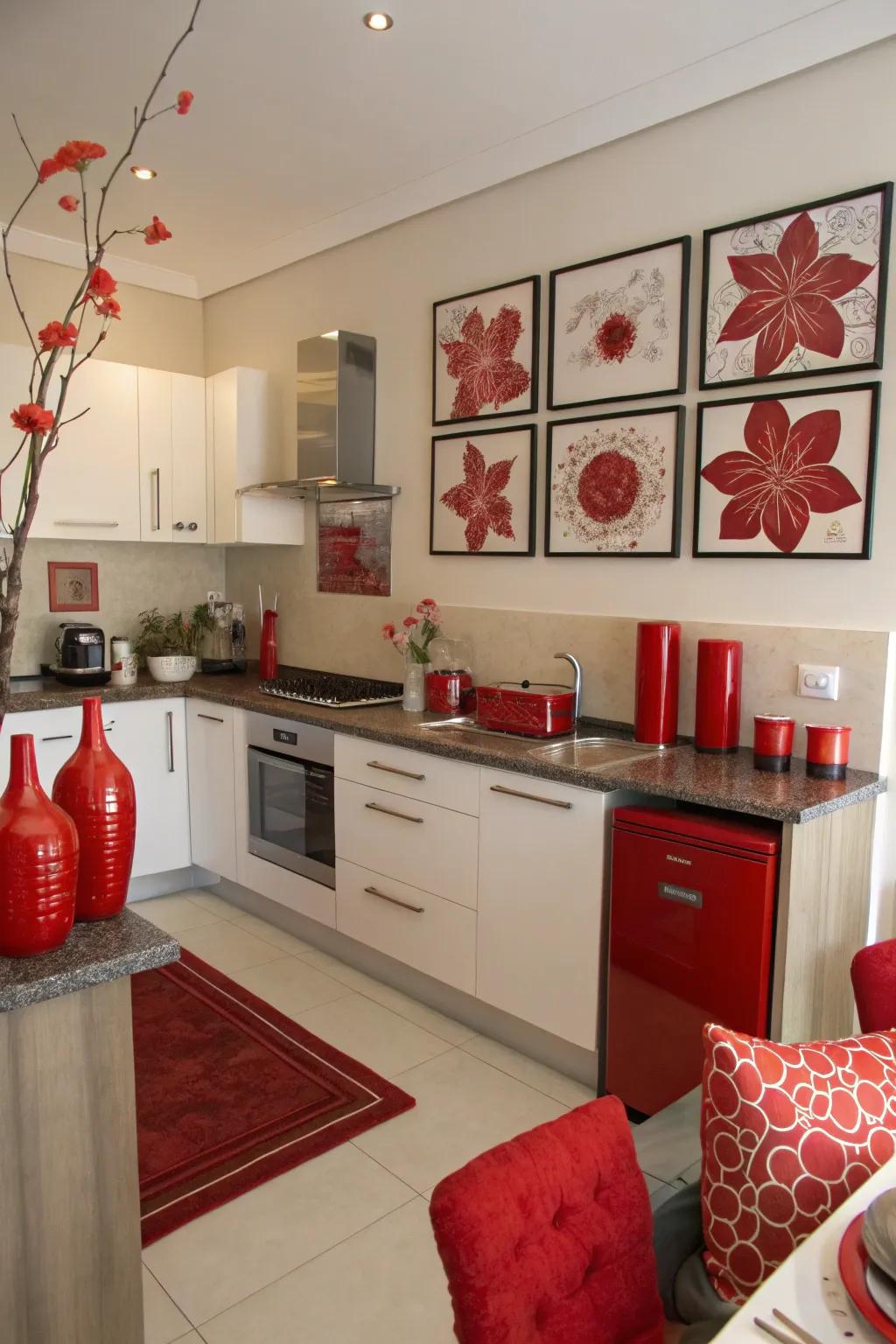 Red artwork and decor add personality and flair to this kitchen.