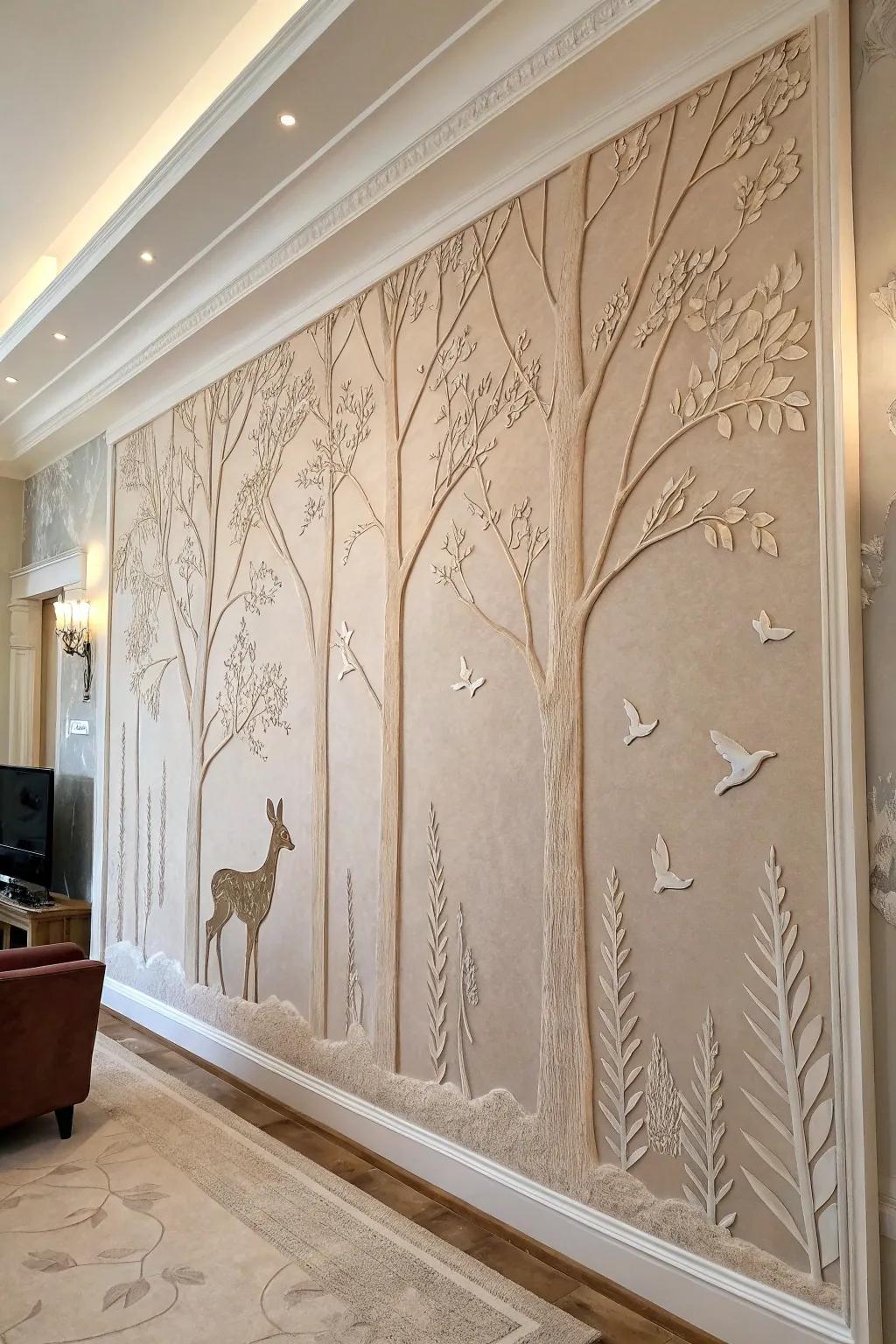 Transform your living room into a serene woodland escape with a handcrafted clay forest mural. ð¿â¨ #MinimalistMagic #BohoScandi