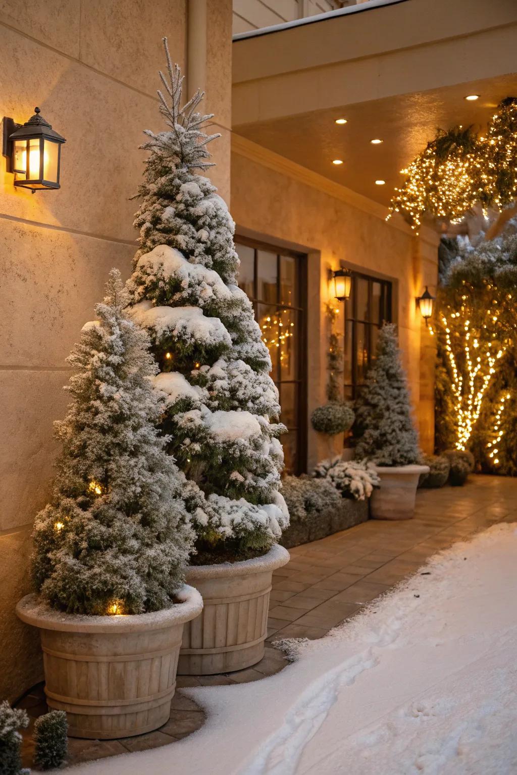 Snow-covered ornamental trees creating a winter wonderland effect.