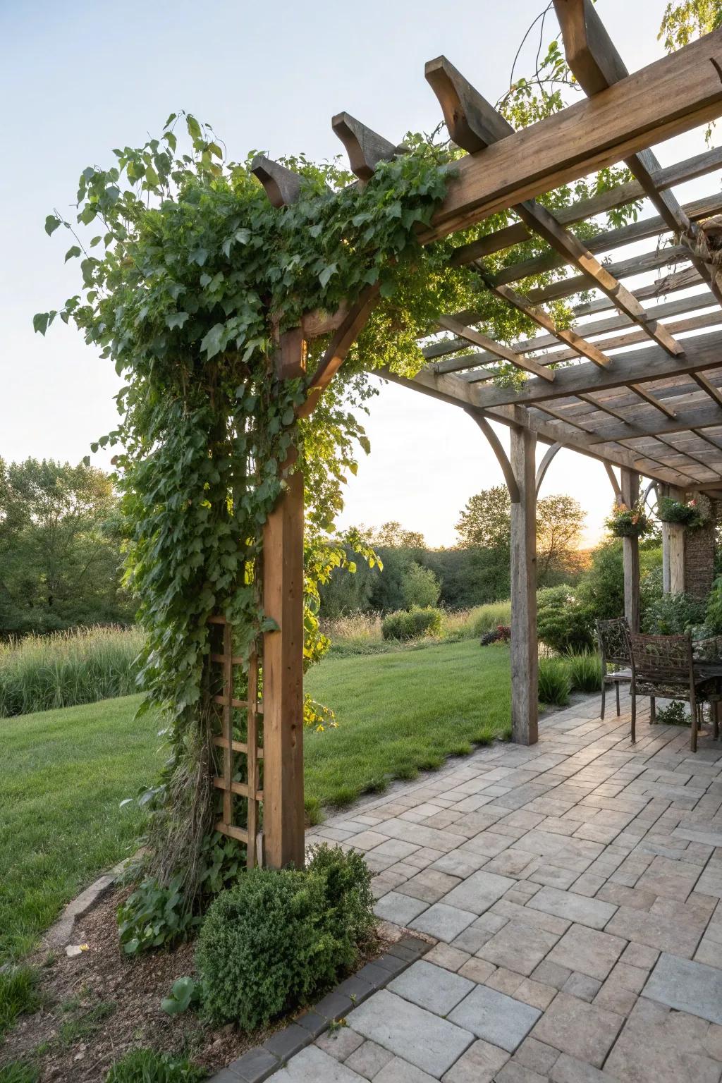 Wooden trellises offer vertical interest and natural charm.