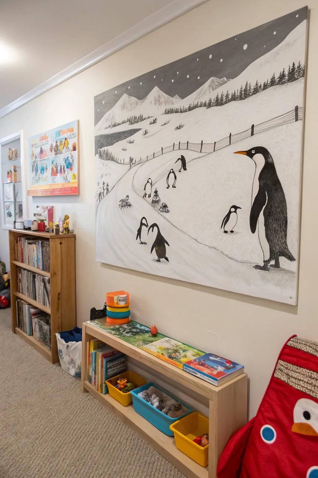 Playful penguins in the snow captured in black and white.