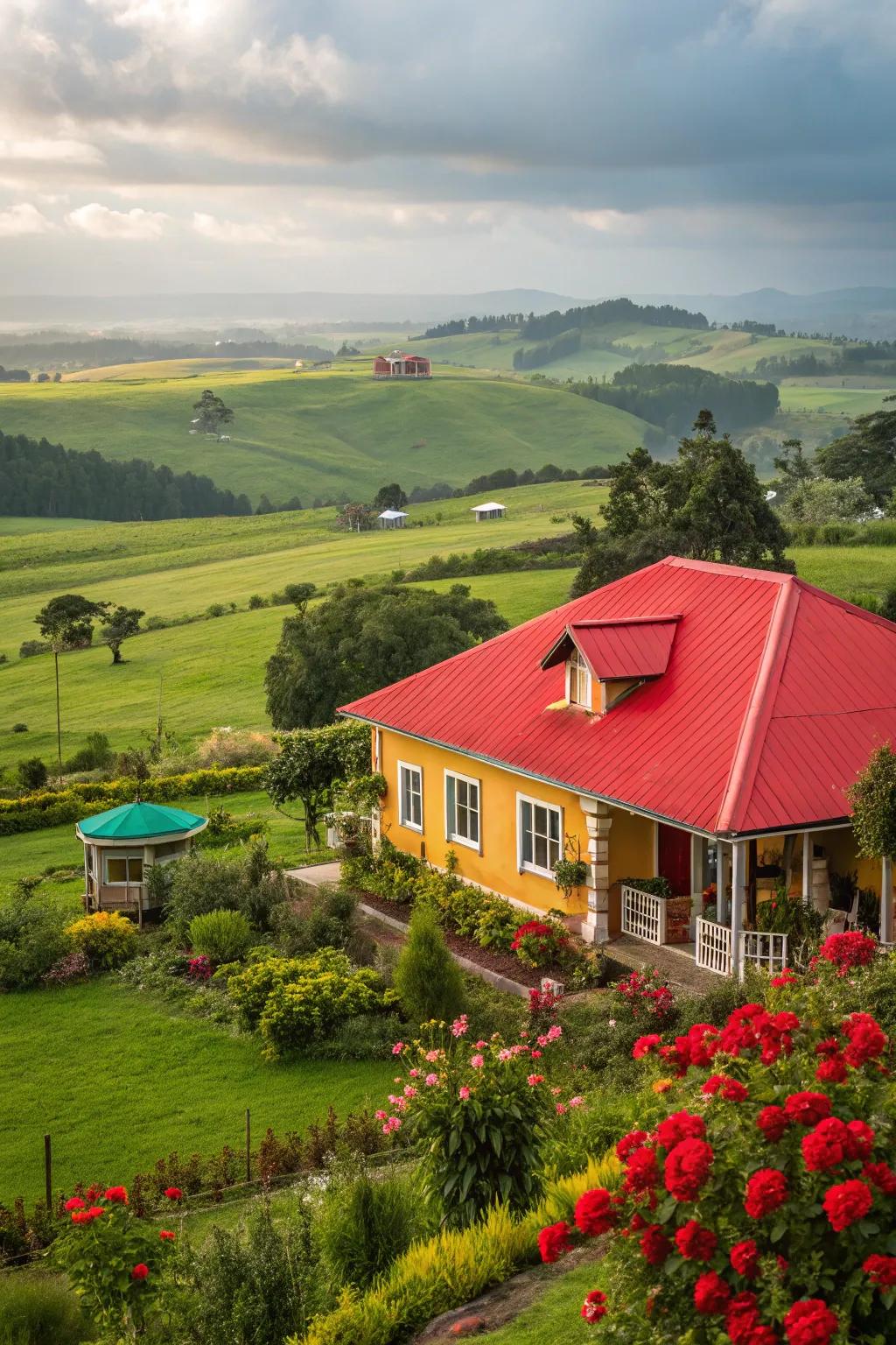 A house with a striking red metal roof.