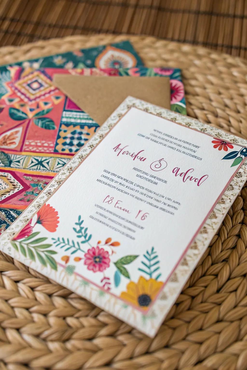 An eclectic bohemian invitation bursting with color and pattern.