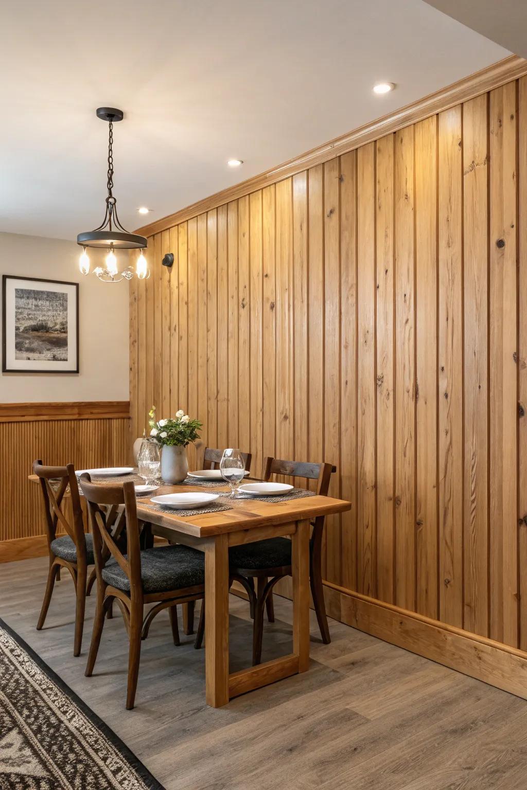 Dining room featuring elegant tongue-and-groove paneling.