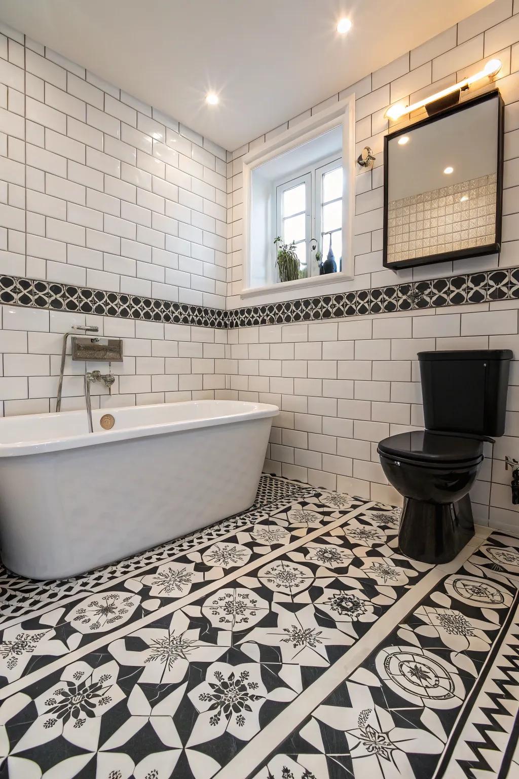 A sophisticated bathroom featuring a bold black and white tile design.