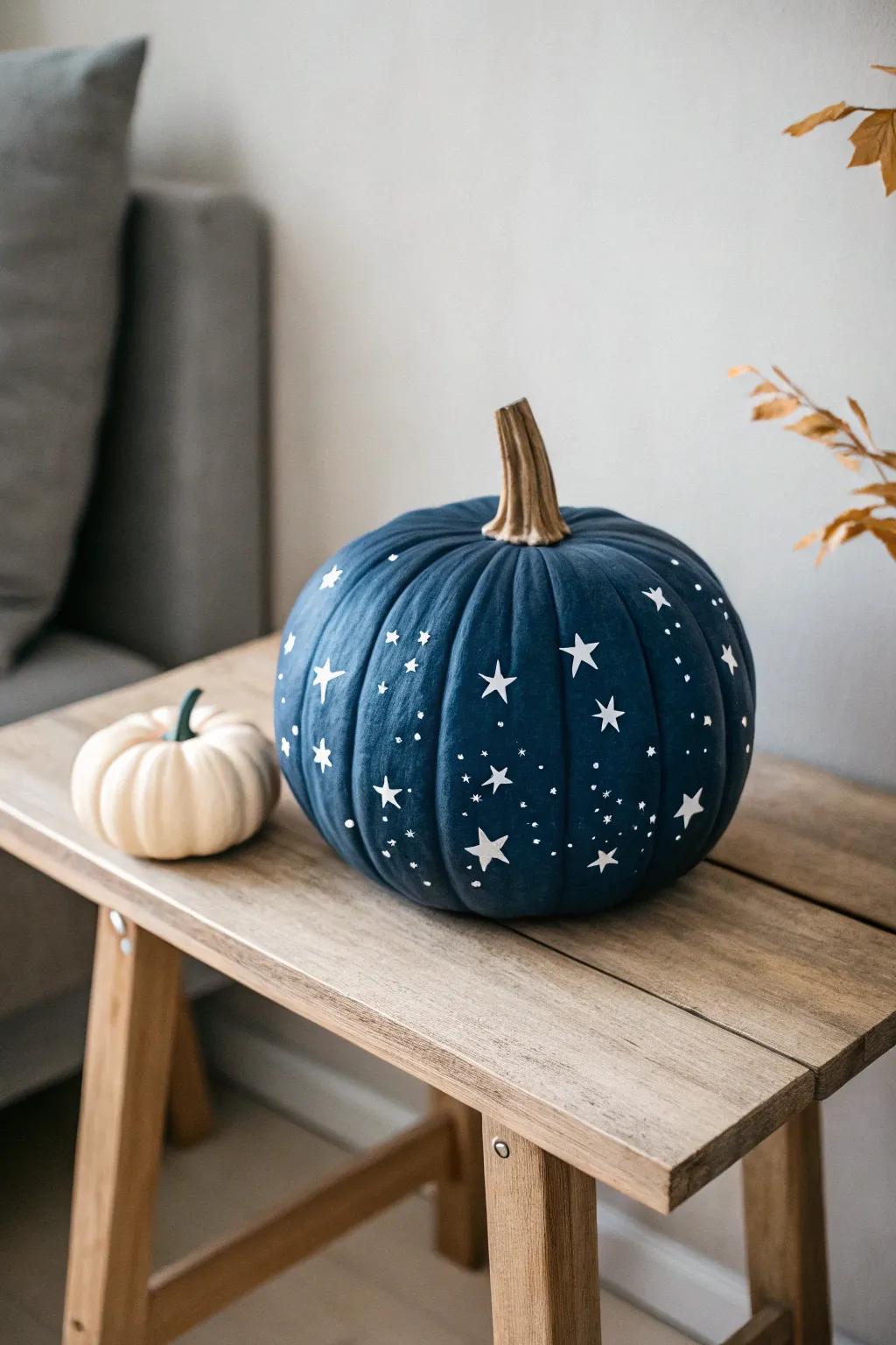 Embrace the night with this starry pumpkin masterpiece, where simplicity meets celestial beauty.