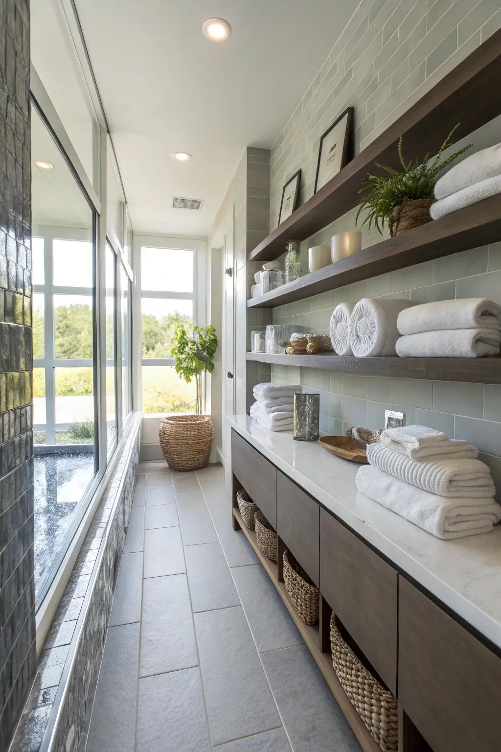Floating shelves add style and storage to a long bathroom.