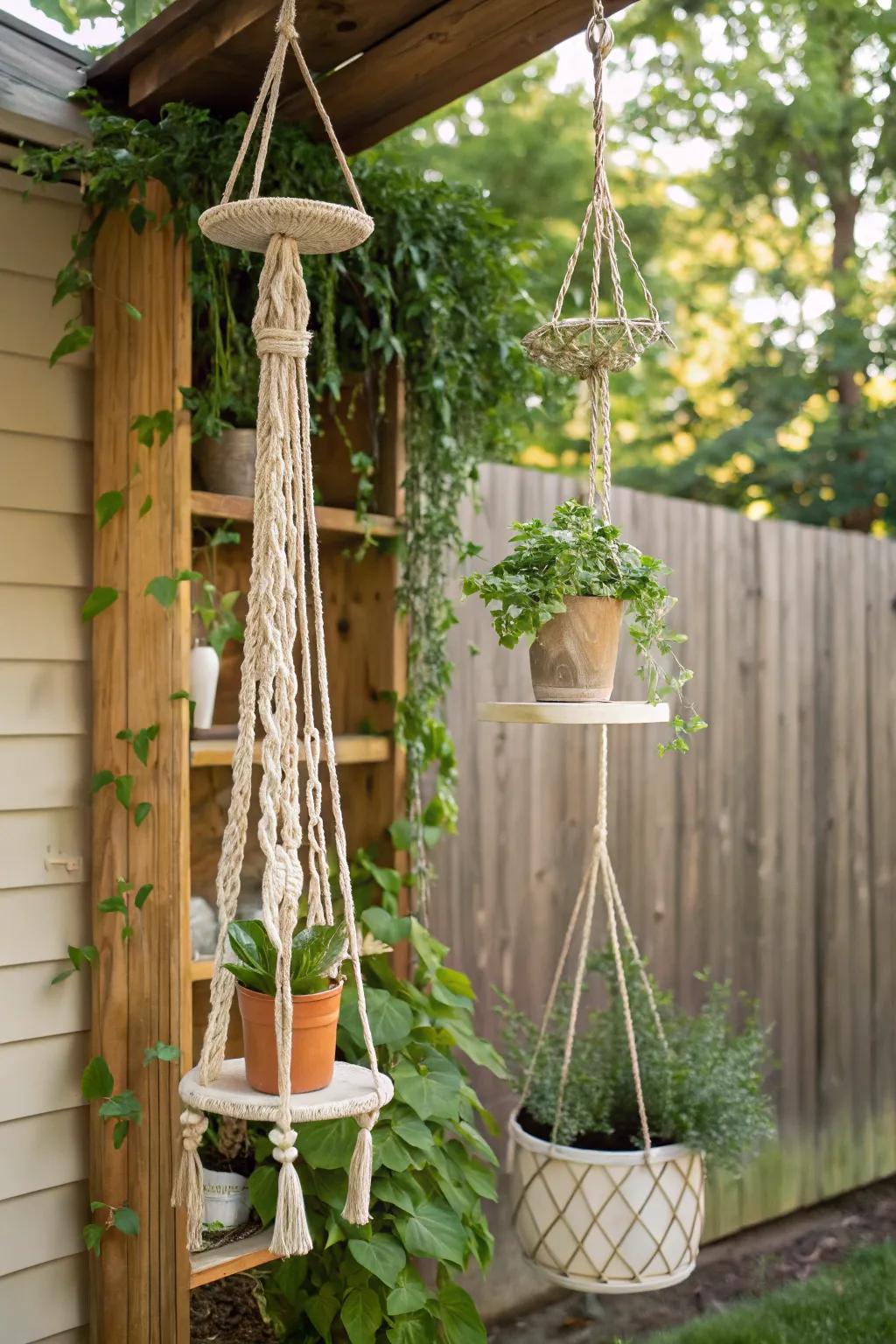 Macramé hanging shelves provide a bohemian touch, displaying small plants and decor against a cozy backdrop.