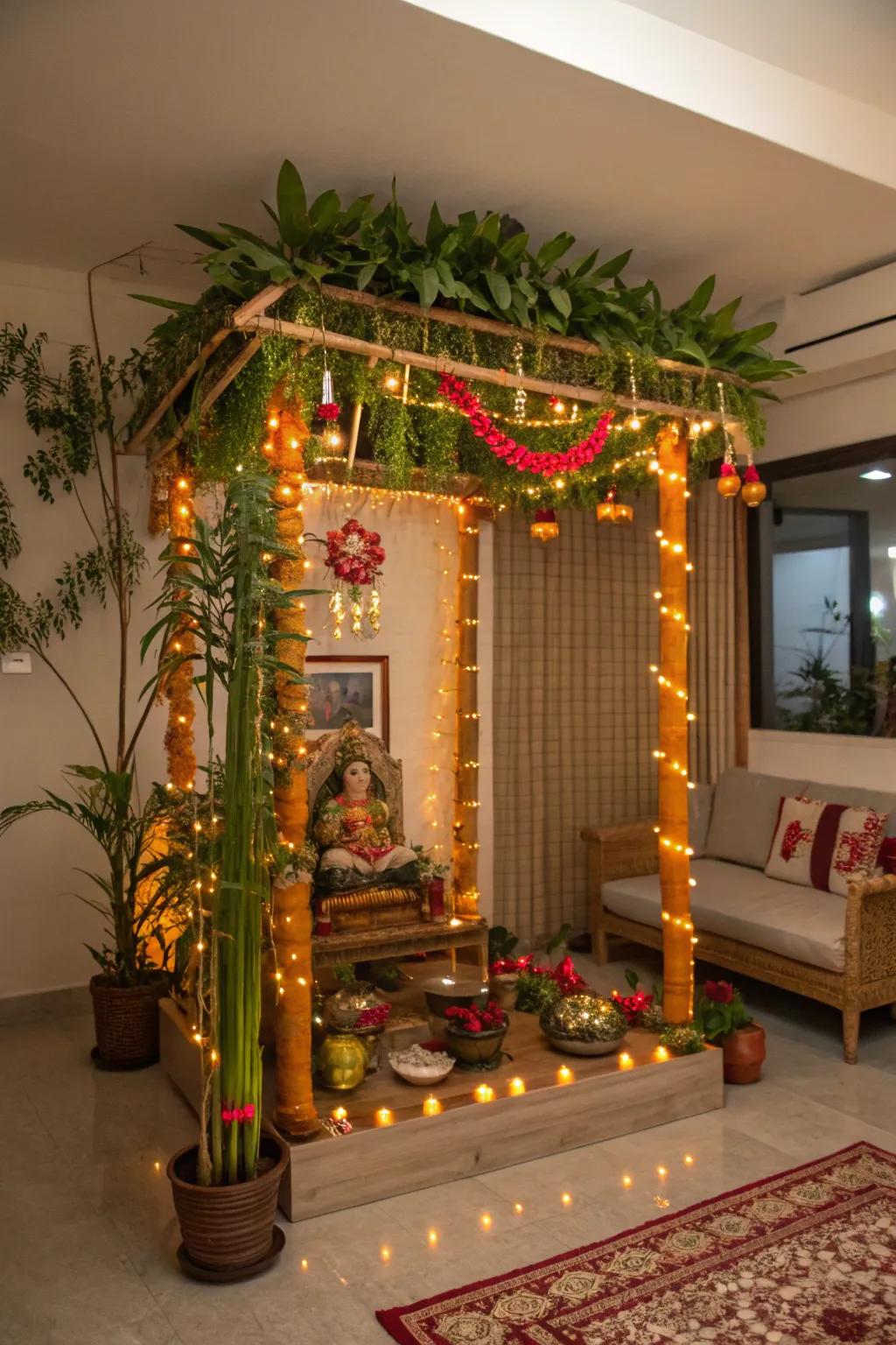 Natural greenery enhances the refreshing vibe of this Ganpati mandap.