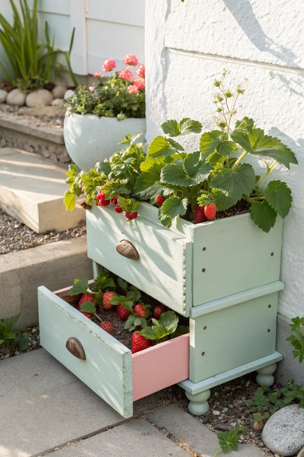 Breathe new life into old drawers with charming strawberry planters. ð⨠#UpcycledBeauty #GardenGoals