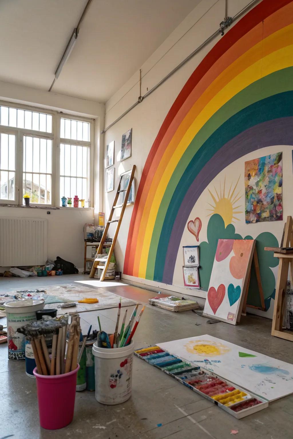 A vibrant rainbow mural inspires creativity in an art studio.