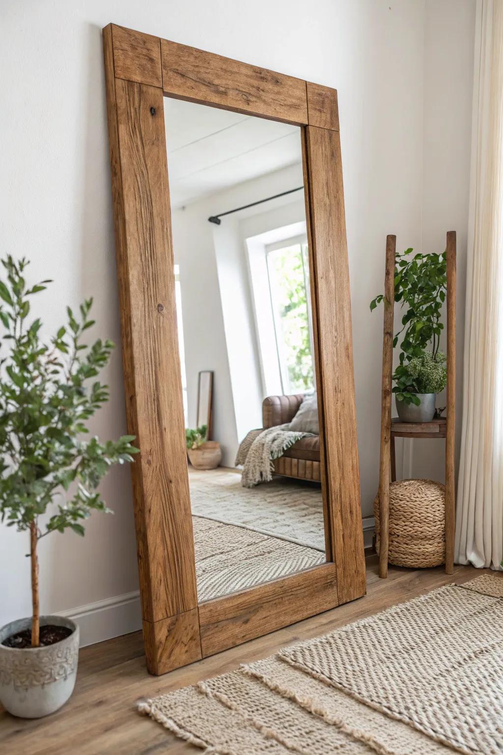 Transform your space with a statement chunky wood mirror frame, blending Scandinavian minimalism with boho warmth.