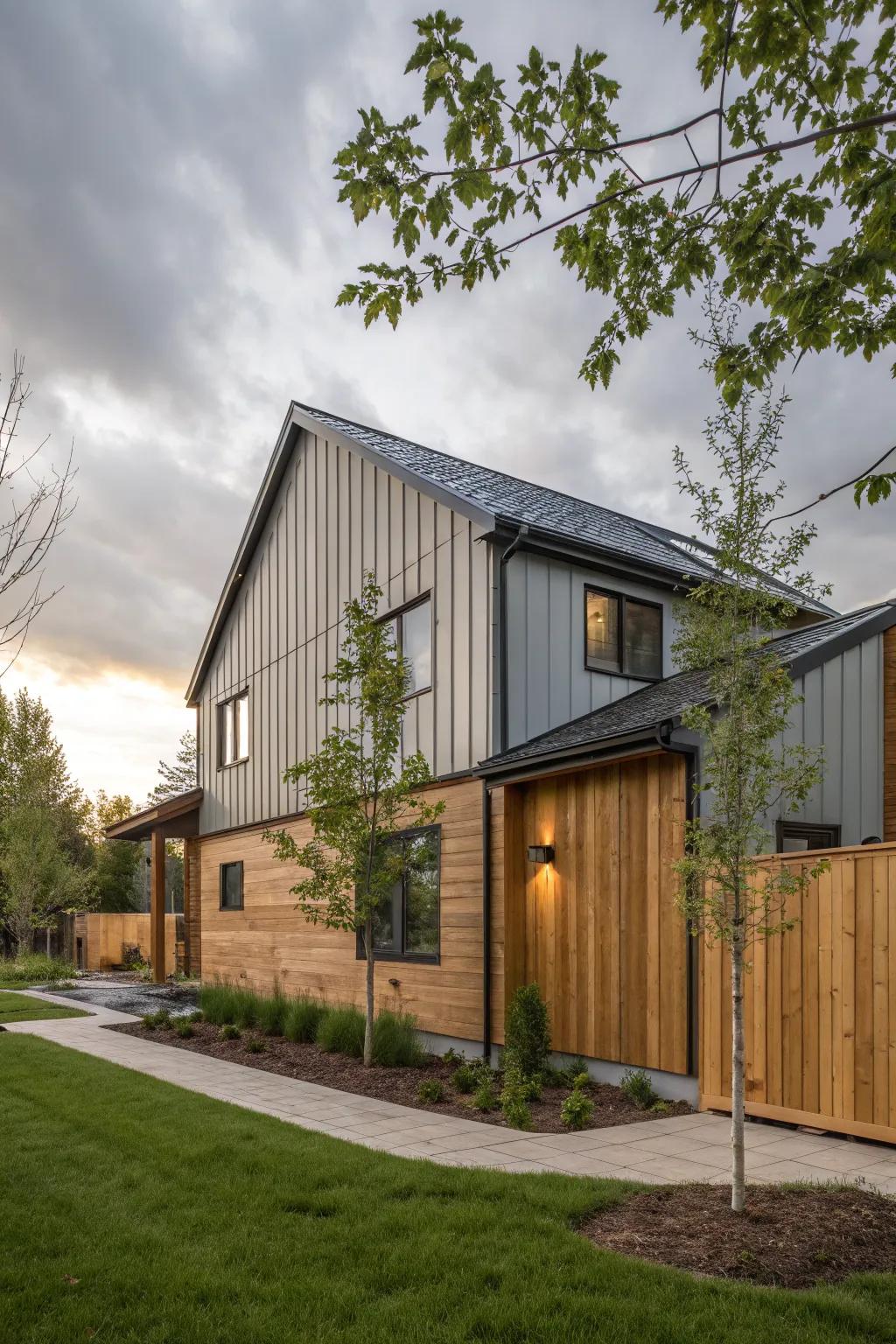 A visually stunning home with mixed siding materials.