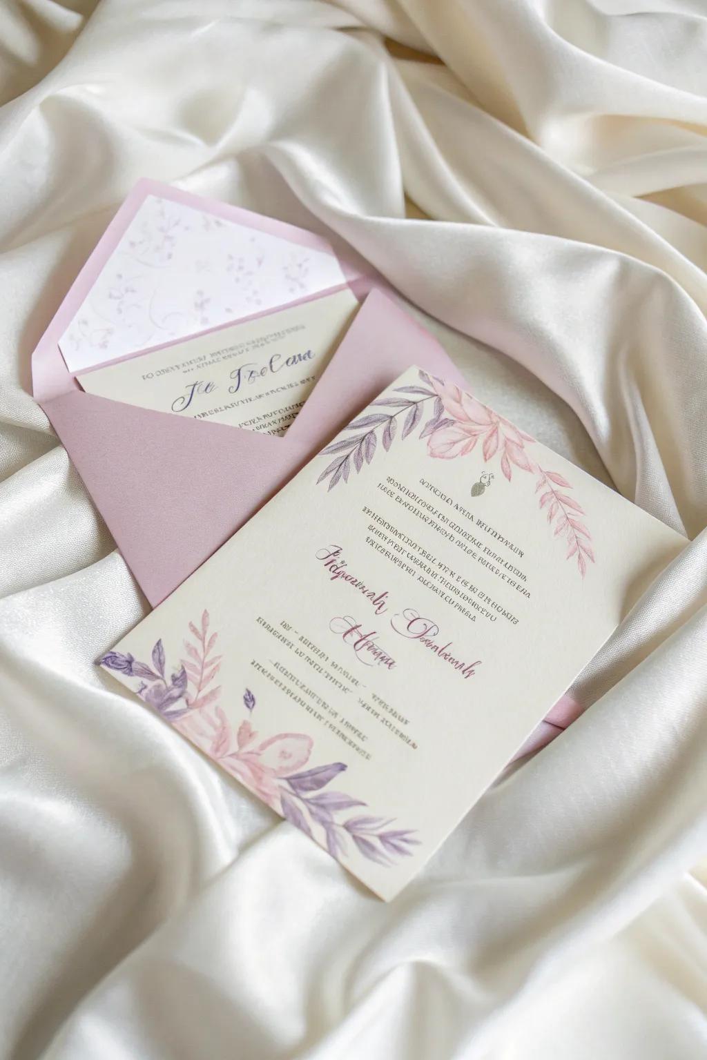A dreamy pastel-themed invitation in blush pink and lavender.