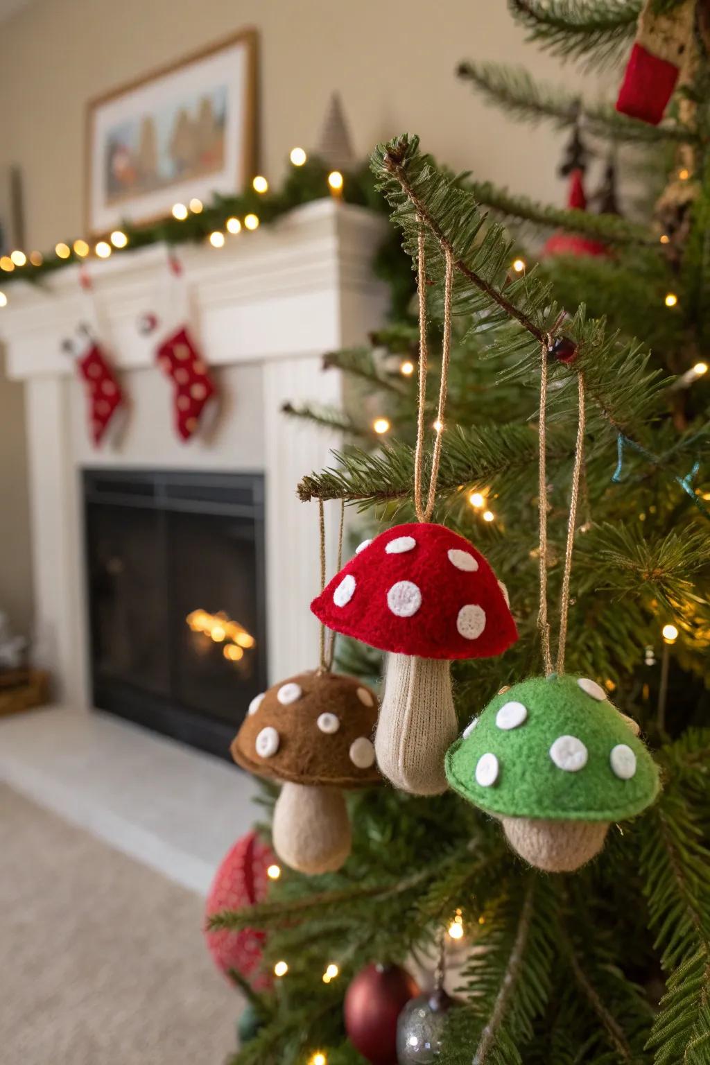 Mushroom ornaments add a whimsical touch.