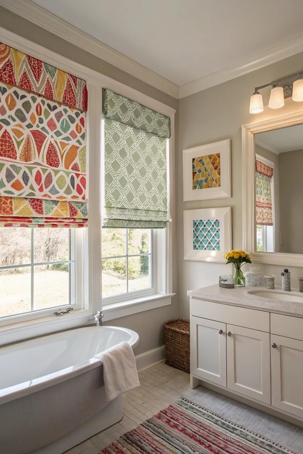 Patterned Roman shades add a burst of personality to any bathroom.