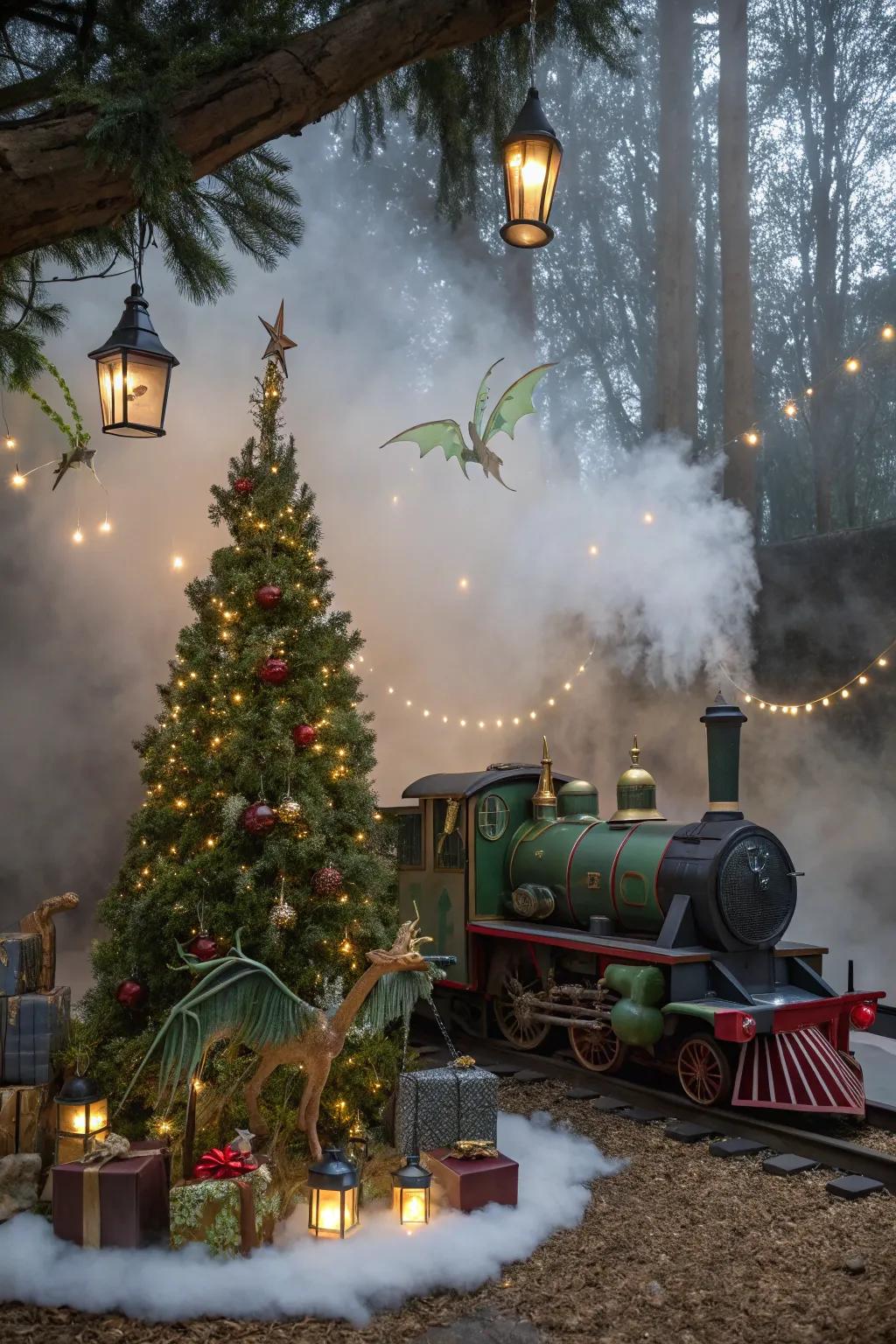 A fairytale fantasy train setup enchants the holiday decor.