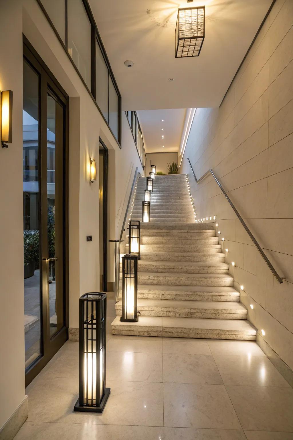 Well-placed lighting brings warmth and brightness to a compact stairway.