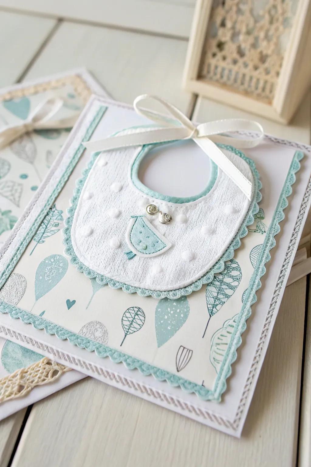 Crafting memories: A charming bib card with a touch of lace and love.