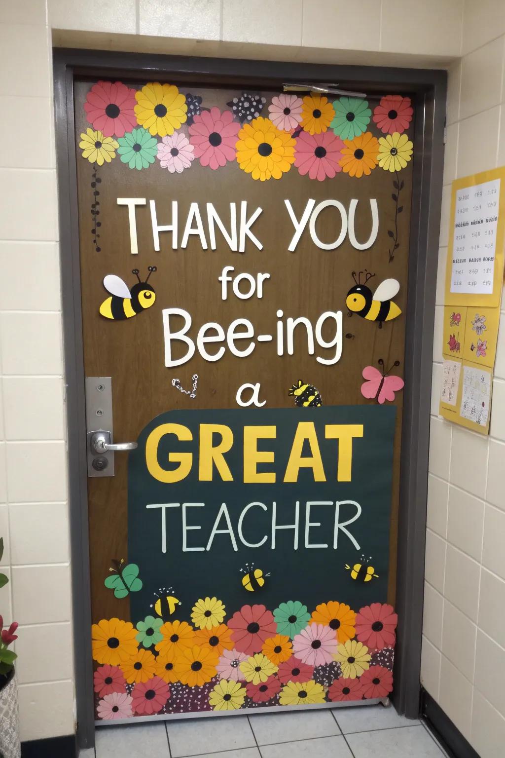 A sweet bee-themed door showing teacher appreciation