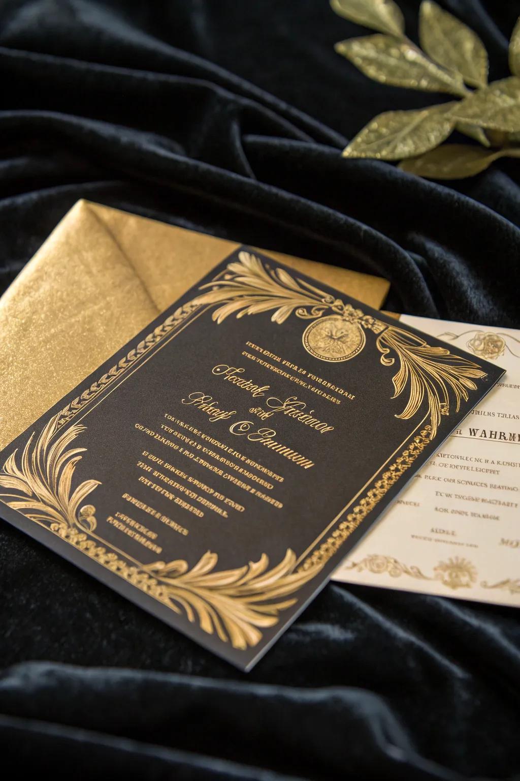 A glamorous invitation with luxurious gold foil accents.