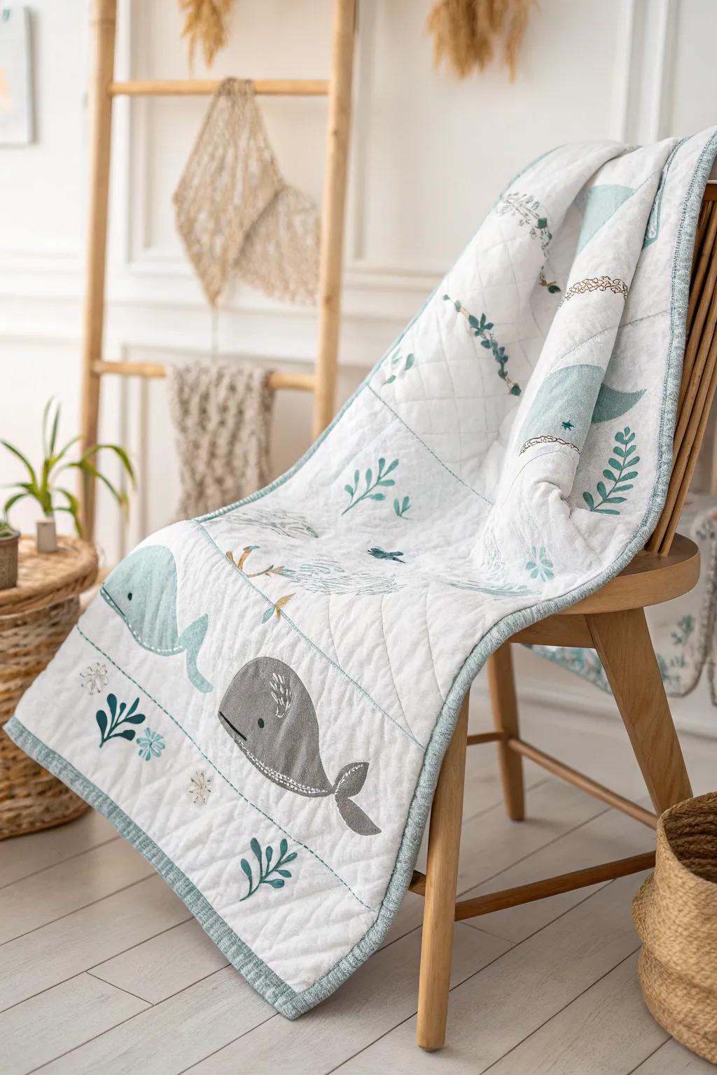 Sail into dreamland with this enchanting whale-themed quilt, perfect for a serene nursery.
