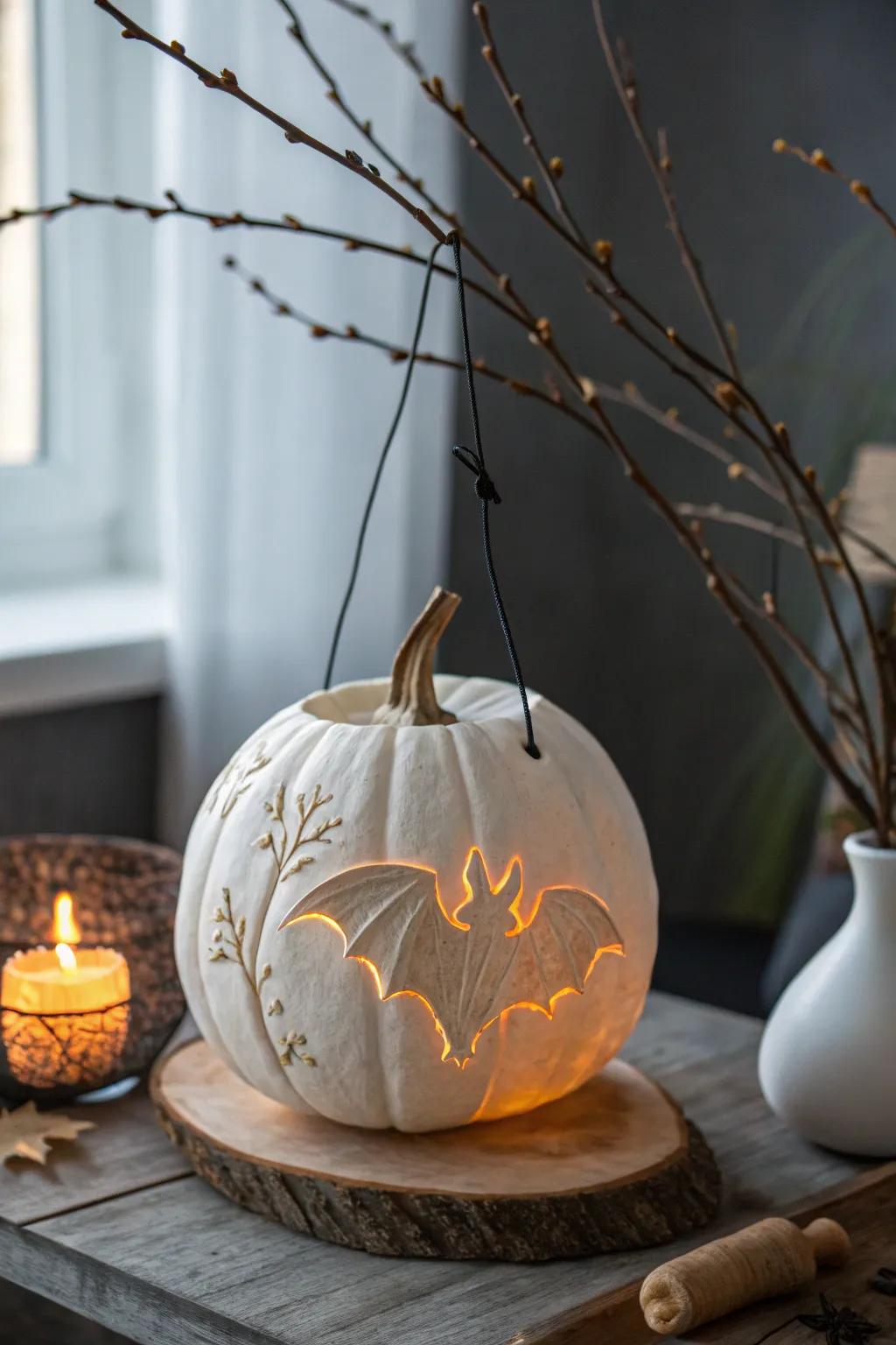 Elevate your Halloween decor with a bat-themed jack-oâ-lantern, blending craftsmanship with minimalist elegance.
