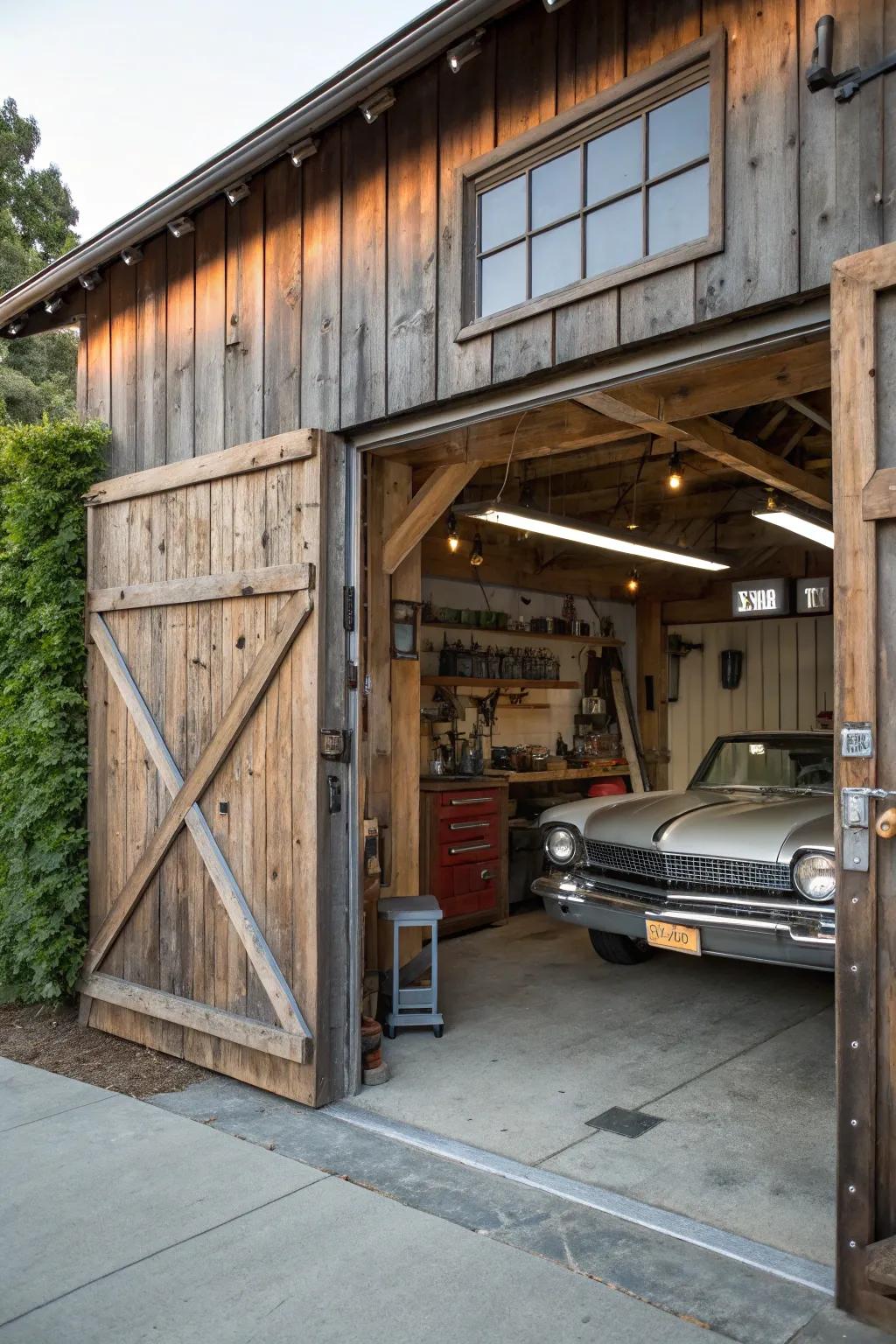 Reclaimed materials add character to a rustic garage.