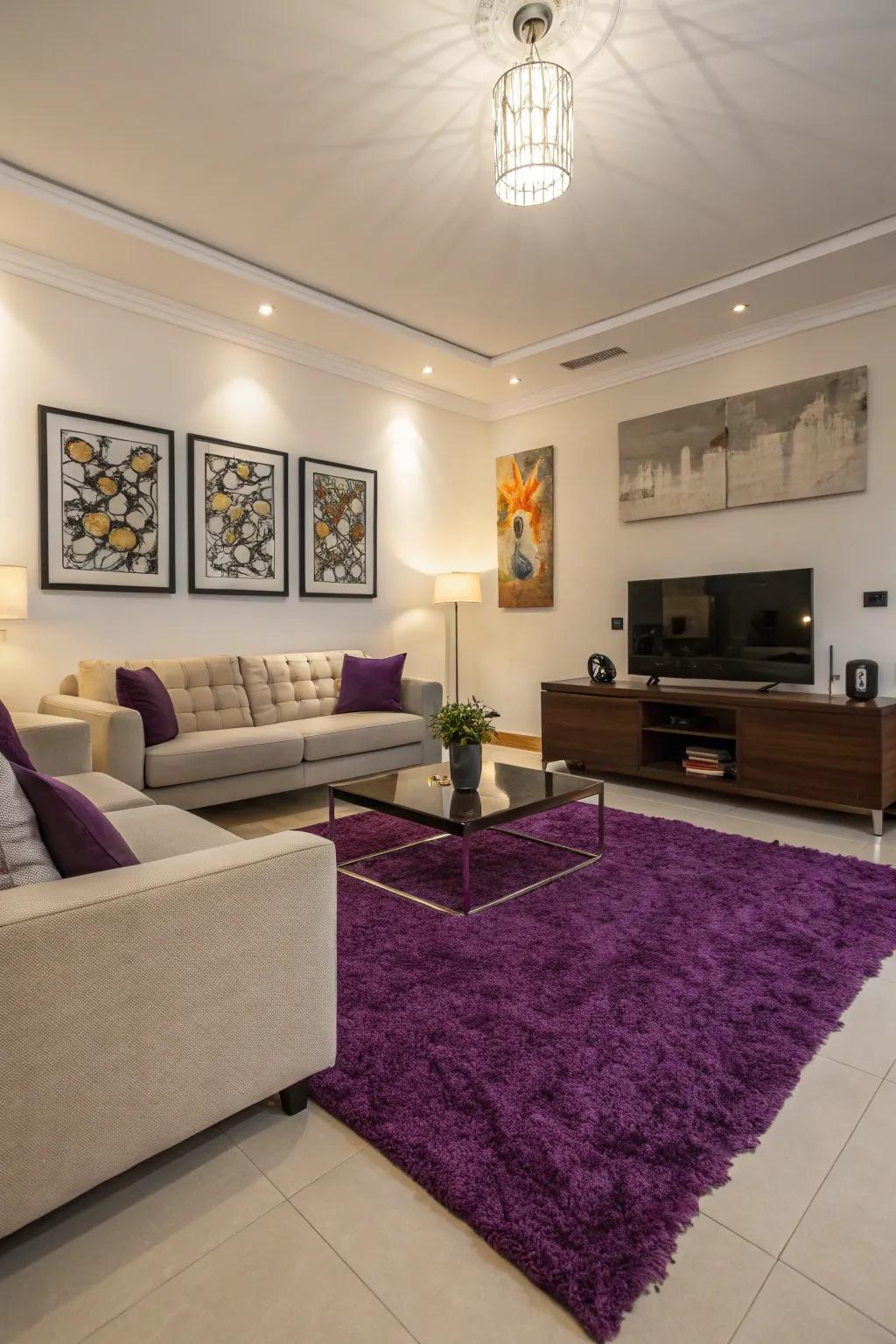A purple area rug defining space in an open-plan living room.