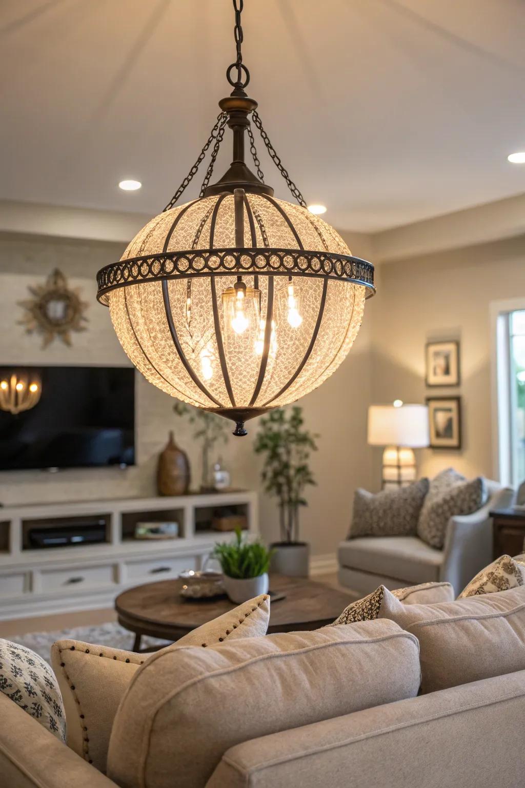 A striking light fixture becomes the focal point of this elegant living room.