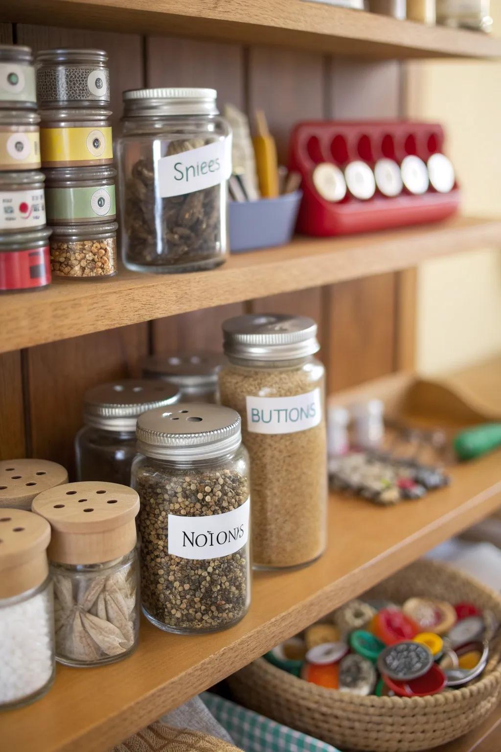 Spice rack repurposed to hold sewing buttons and small notions.