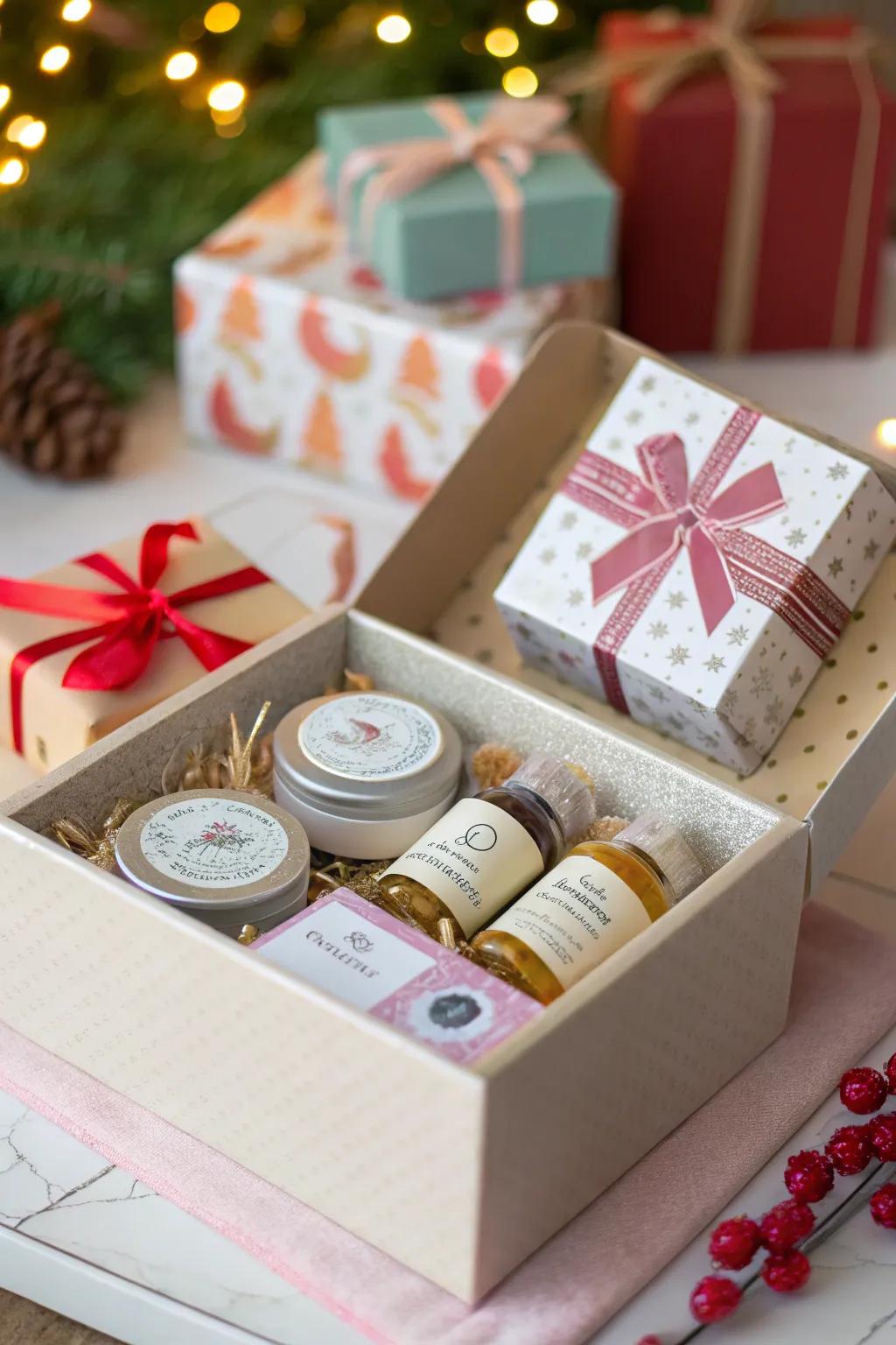 A beautifully curated custom gift box with personalized labels, ready to delight the recipient.