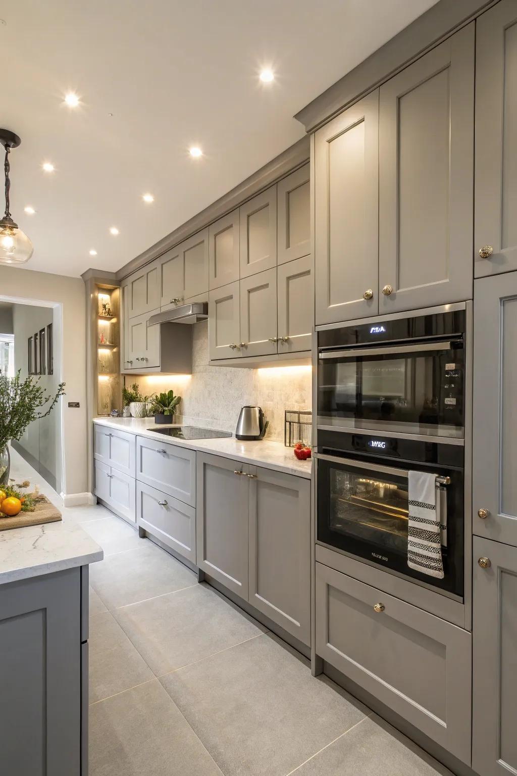 Achieve a seamless look with integrated appliances and grey cabinets.