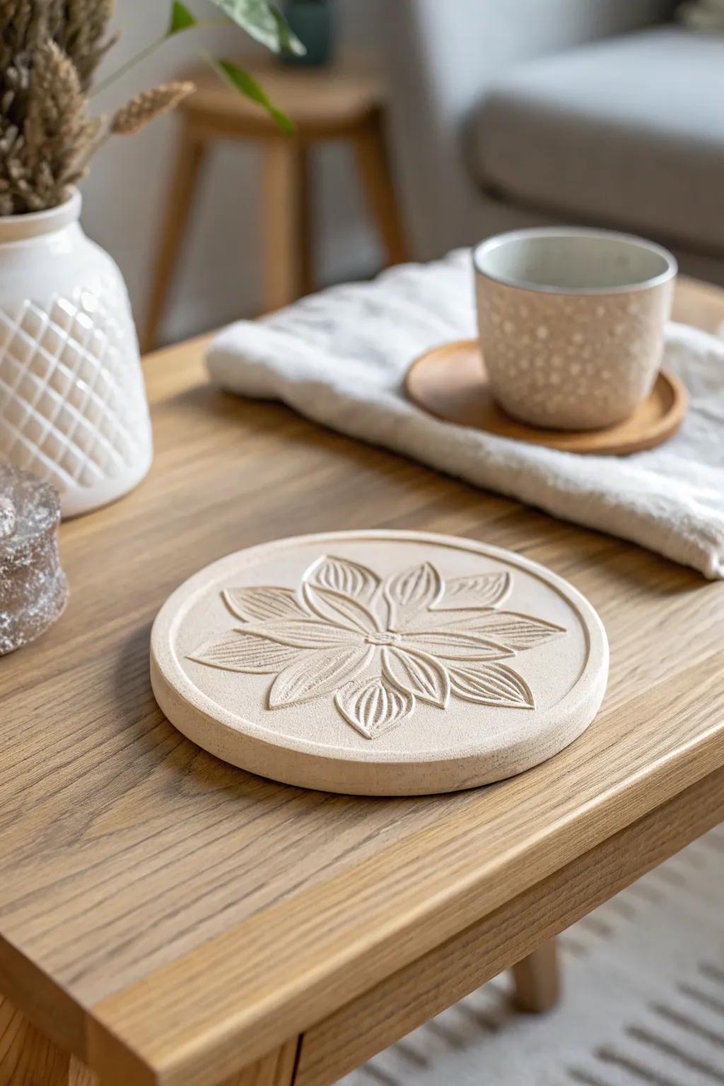 Elevate your table decor with the natural beauty of handcrafted clay flower coasters.