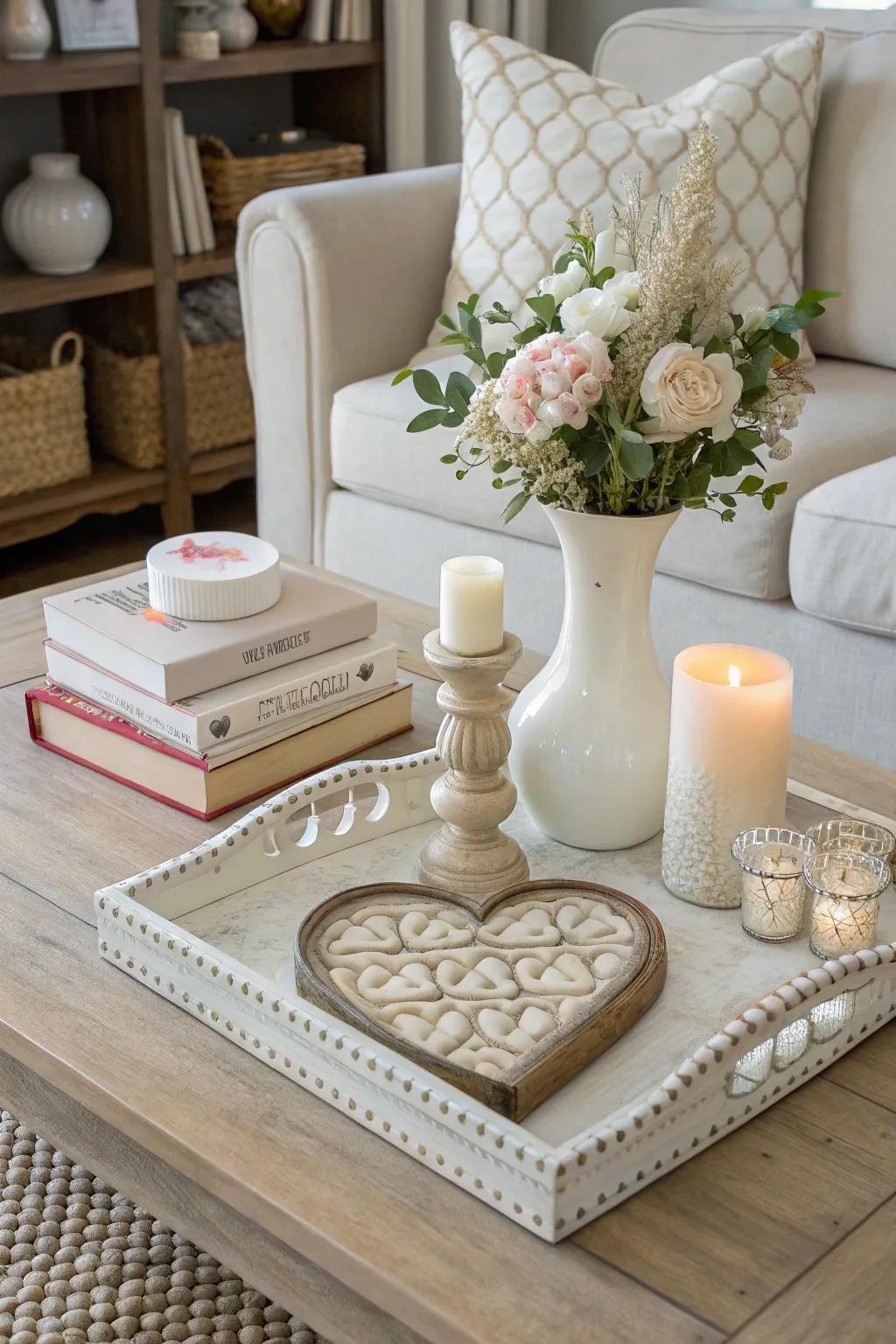 Heart-themed decor elevating the coffee table styling.