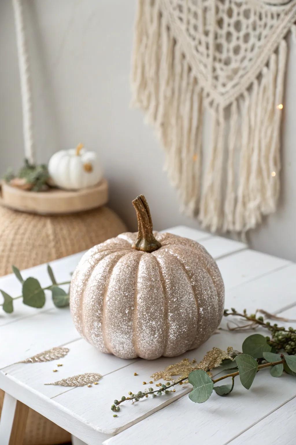 Transform your pumpkin into a sparkling masterpiece with a frosted glitter finish. #AutumnElegance #PumpkinArt