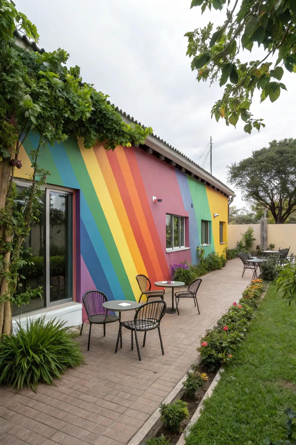 Rainbow stripes on an exterior wall add a cheerful touch to outdoor spaces.