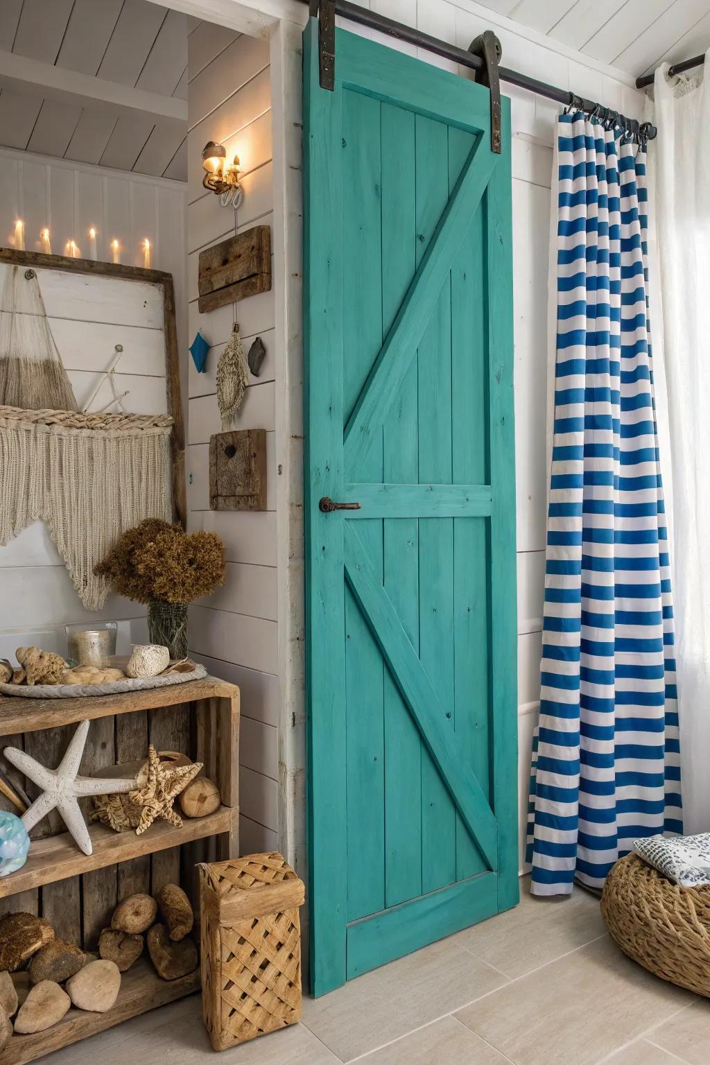 Teal barn doors add a lively, spirited touch.
