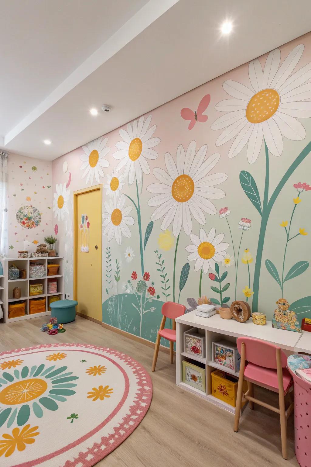 A daisy chain mural adds a touch of playful charm.