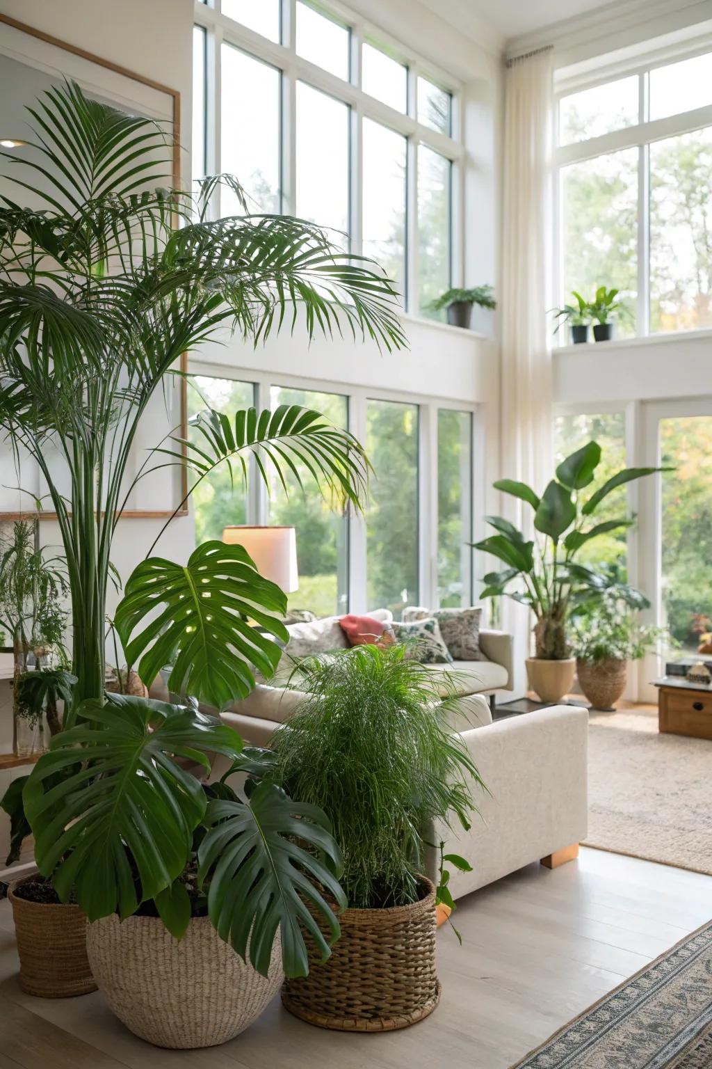 A living room adorned with tropical plants like palms and monstera.